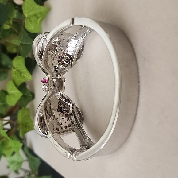 Silver with Pink and Clear CZ Bow Clamper Hinge Bling Bracelet - Picture 5 of 9